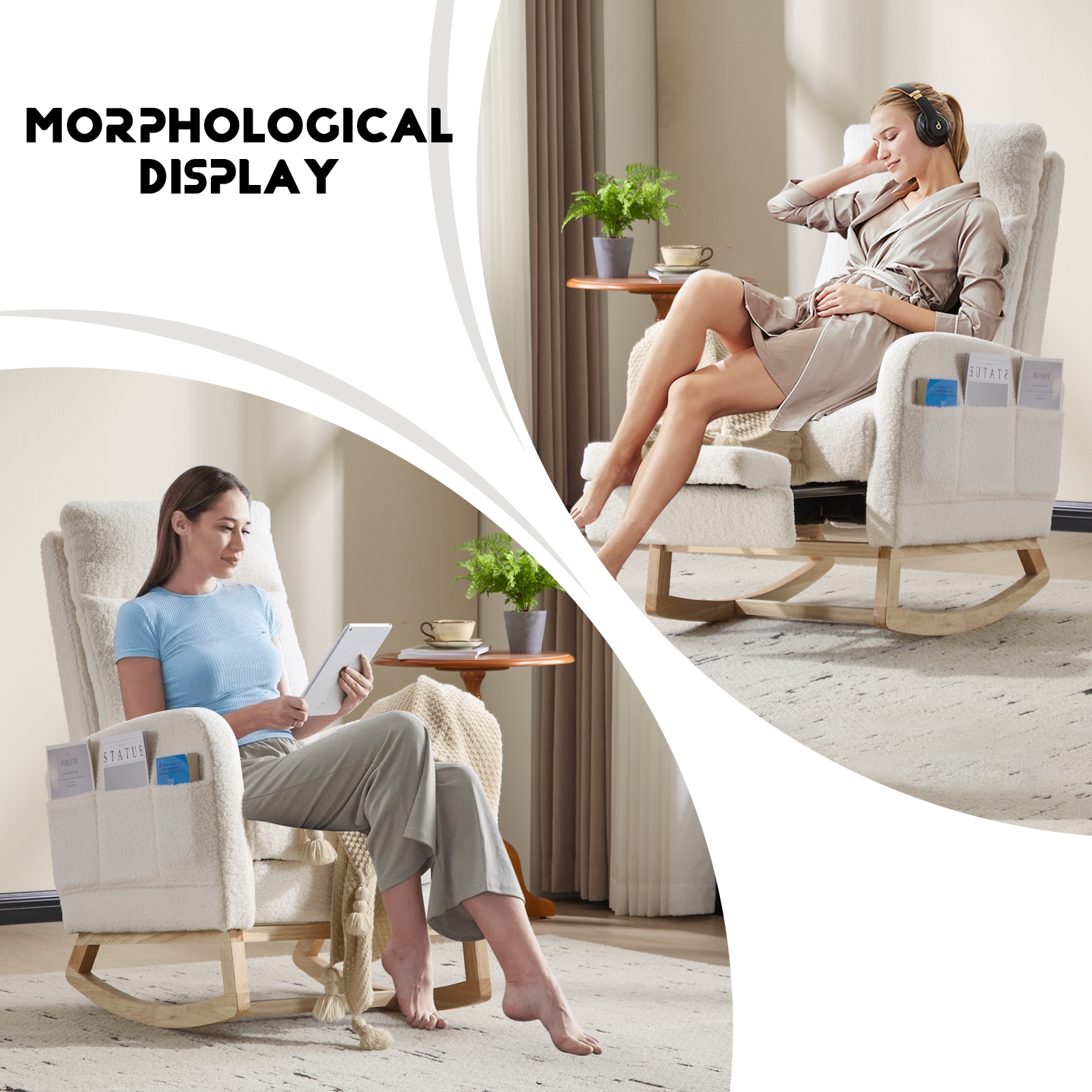 Modern Accent Rocking Chair Rocking Chair With Solid Wood Legs, Upholstered Nursery Glider Rocker, Comfy Armchair With Side Pocket, Living Room Lounge Arm Chair With High Backrest (White,teddy)_voghion.com